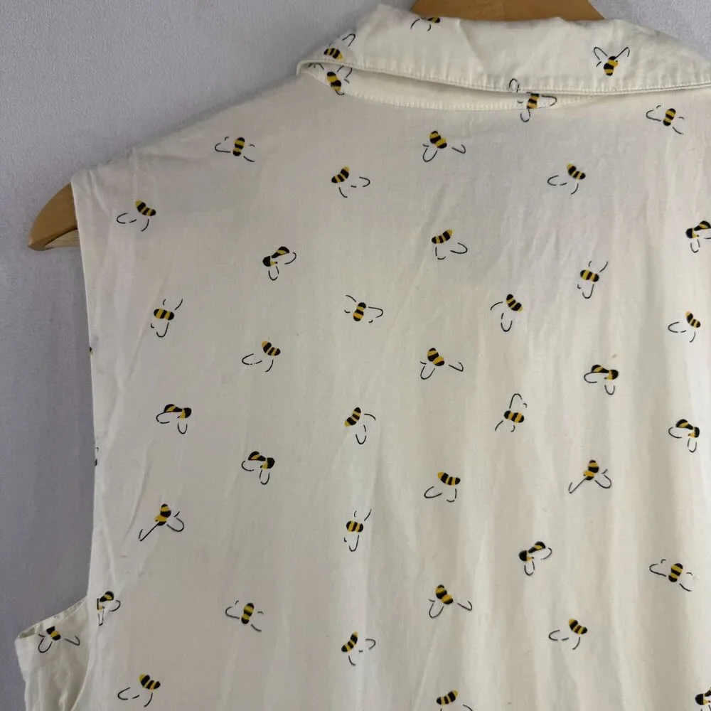 Kate Spade Sleeveless White Cotton Bees Print Mini Shirt Dress Size L